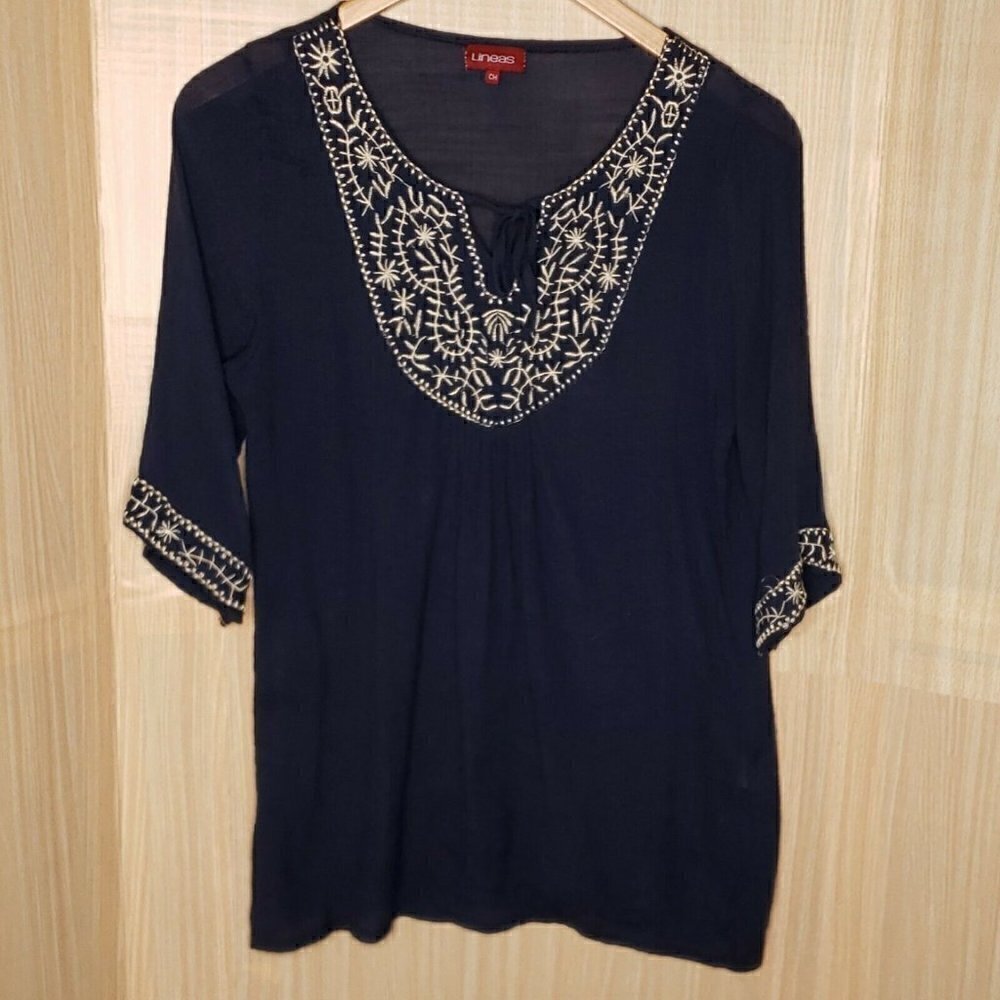 Lineas Boho Gauzy Navy 3/4 Sleeve Tunic Small